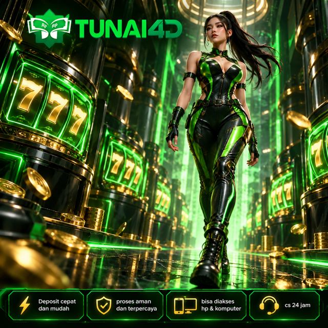 Poster TUNAI4D nomor 3, ilustrasi hiburan digital bertema hijau dan emas